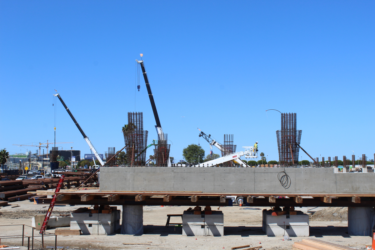Bents at the future Intermodal Transportation Facility are placed and guideway column cages are prepared for the upper column placement