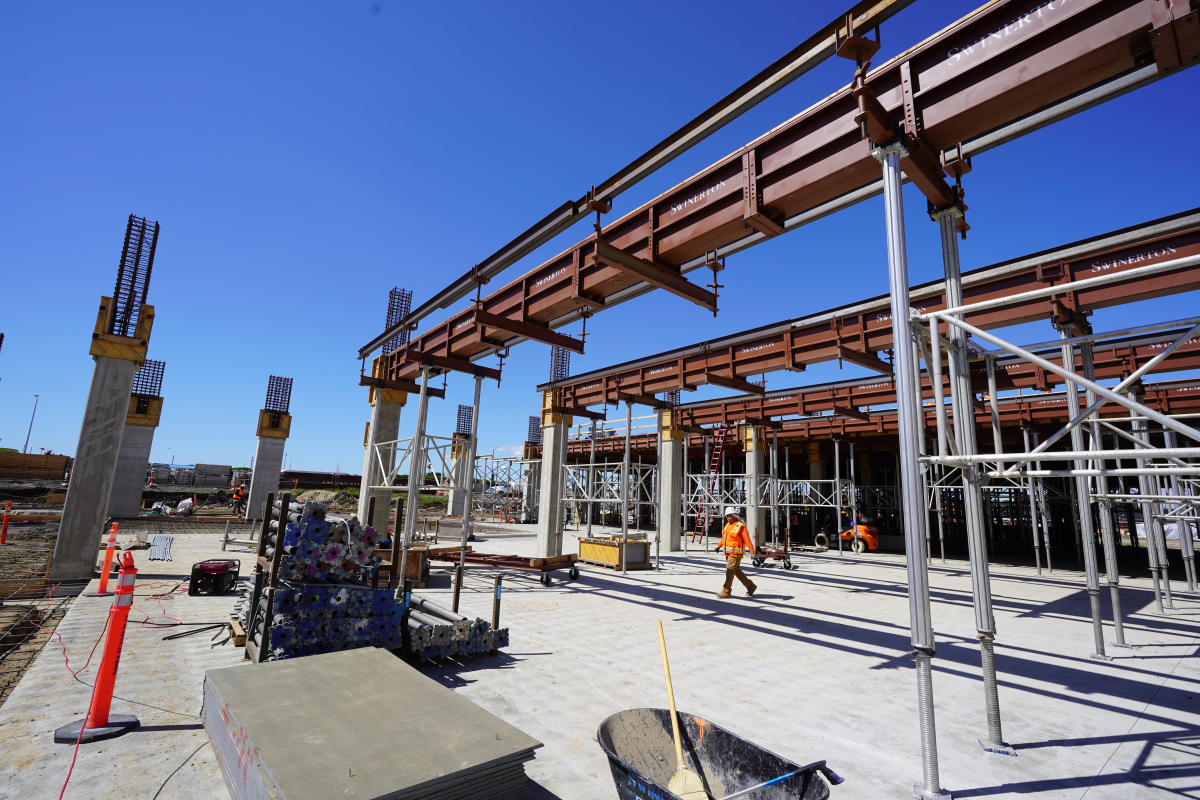 A view of columns and beams for the Intermodal Transportation Facility – West