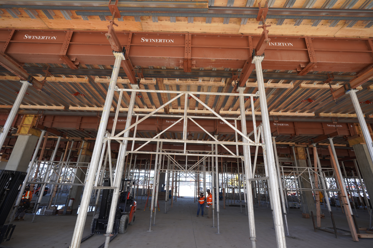 An inside view of construction of the first deck for the Intermodal Transportation Facility – West
