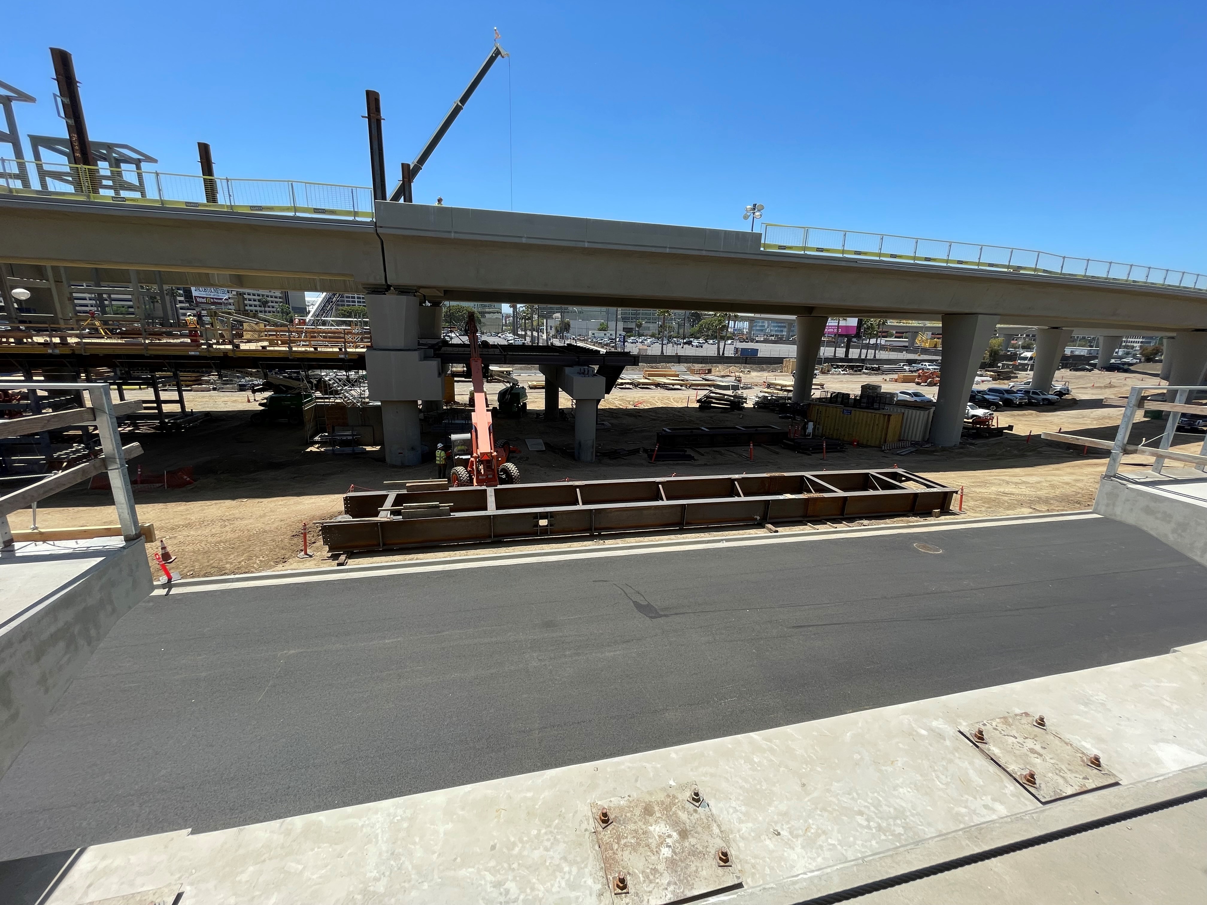 A view from the future location of the pedestrian bridge that will connect the Intermodal Transportation Facility-West parking structure to the Automated People Mover station. 