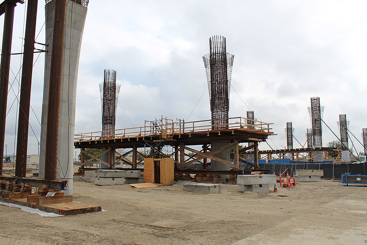Guideway columns are prepared to be poured.