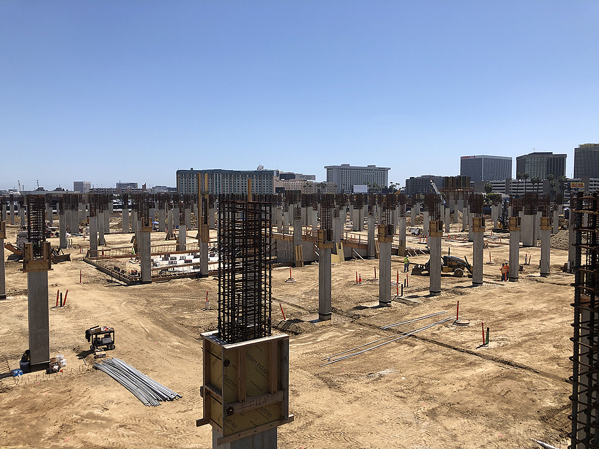 An aerial view of column construction at the Intermodal Transportation Facility – West