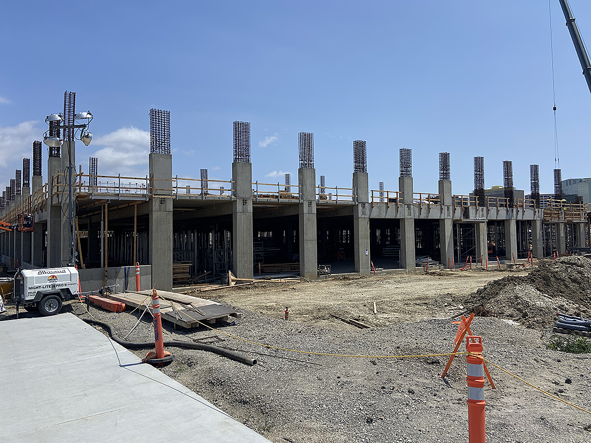 A view of second level construction progress at the Intermodal Transportation Facility – West