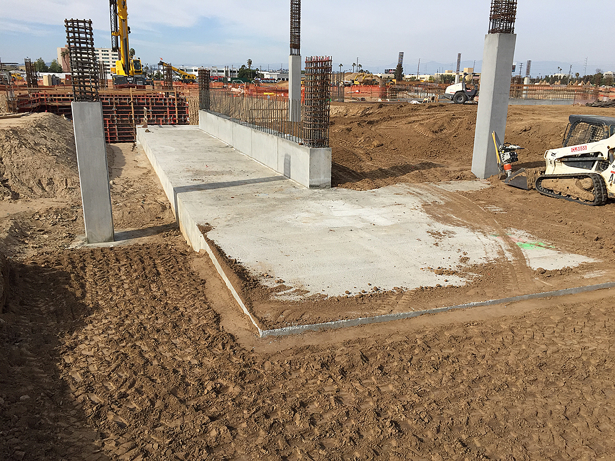 A view of the building foundation work for the Ready Return/Idle Storage Building at the Consolidated Rent-A-Car facility site.