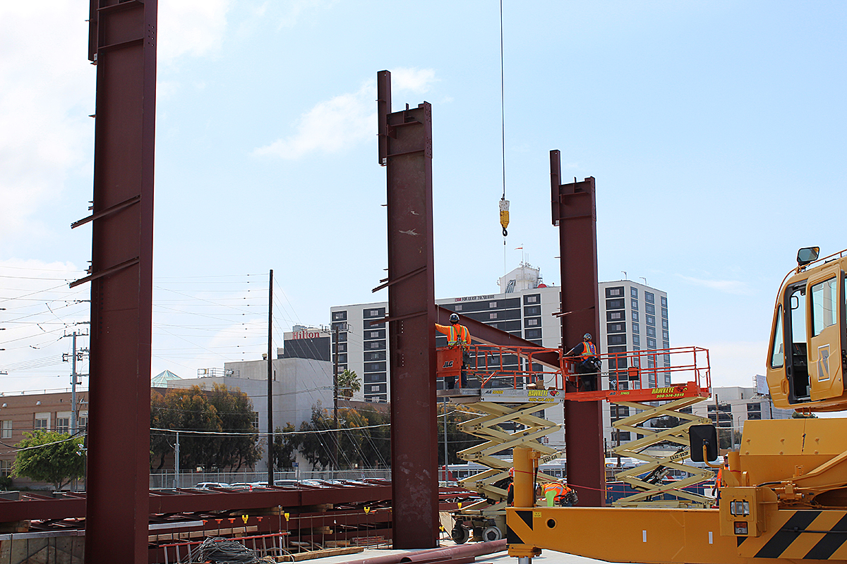 Structural steel work continues at the Maintenance and Storage Facility while crews practice social distancing.