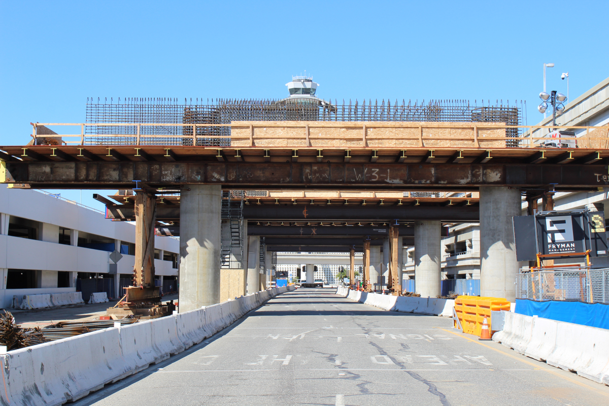 Falsework at the future East Central Terminal Area is prepared for future placement of the bents and upper columns