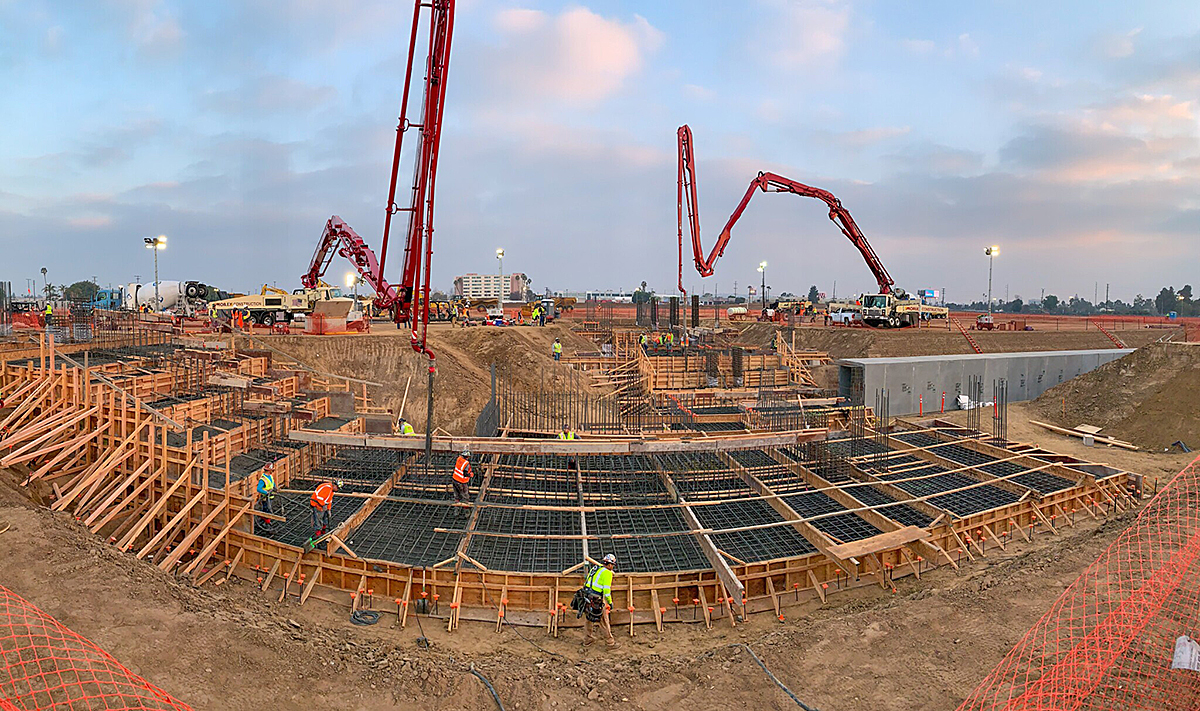 Concrete pours for the first slab-on-grade at the Intermodal Transportation Facility – West