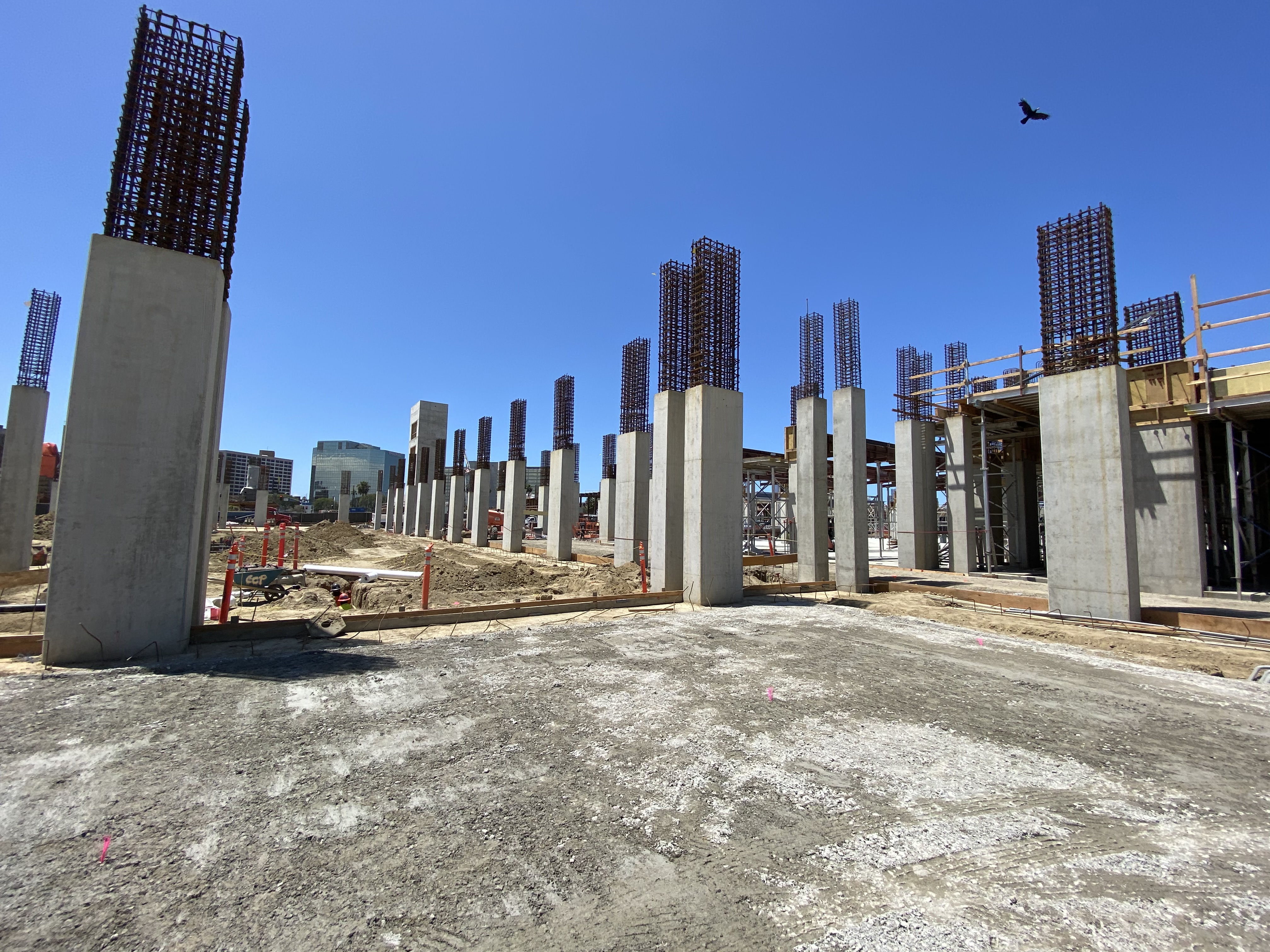 A view of column construction for the first level of the Intermodal Transportation Facility – West