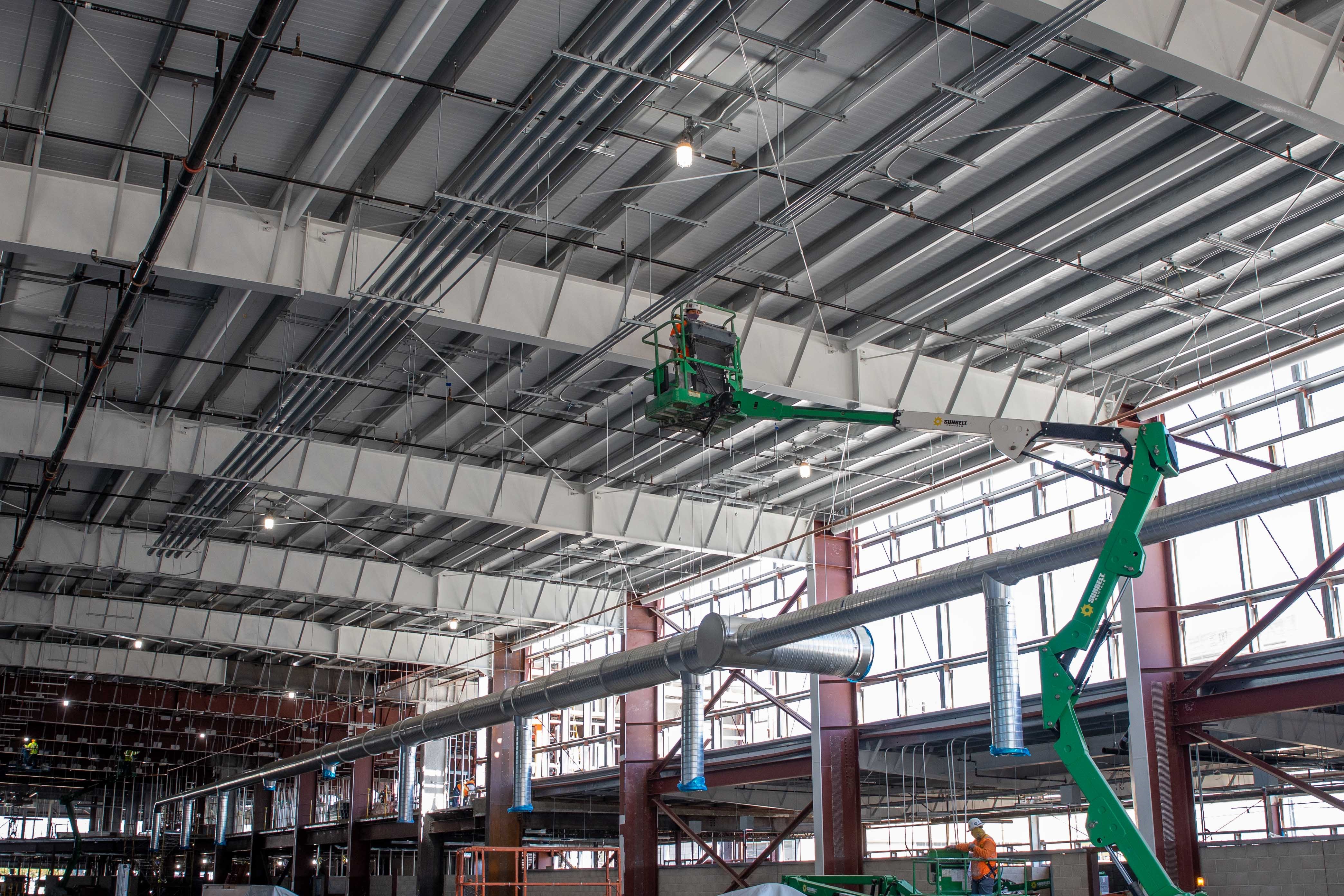 The interior buildout of the future Maintenance Storage Facility continues with ductwork.