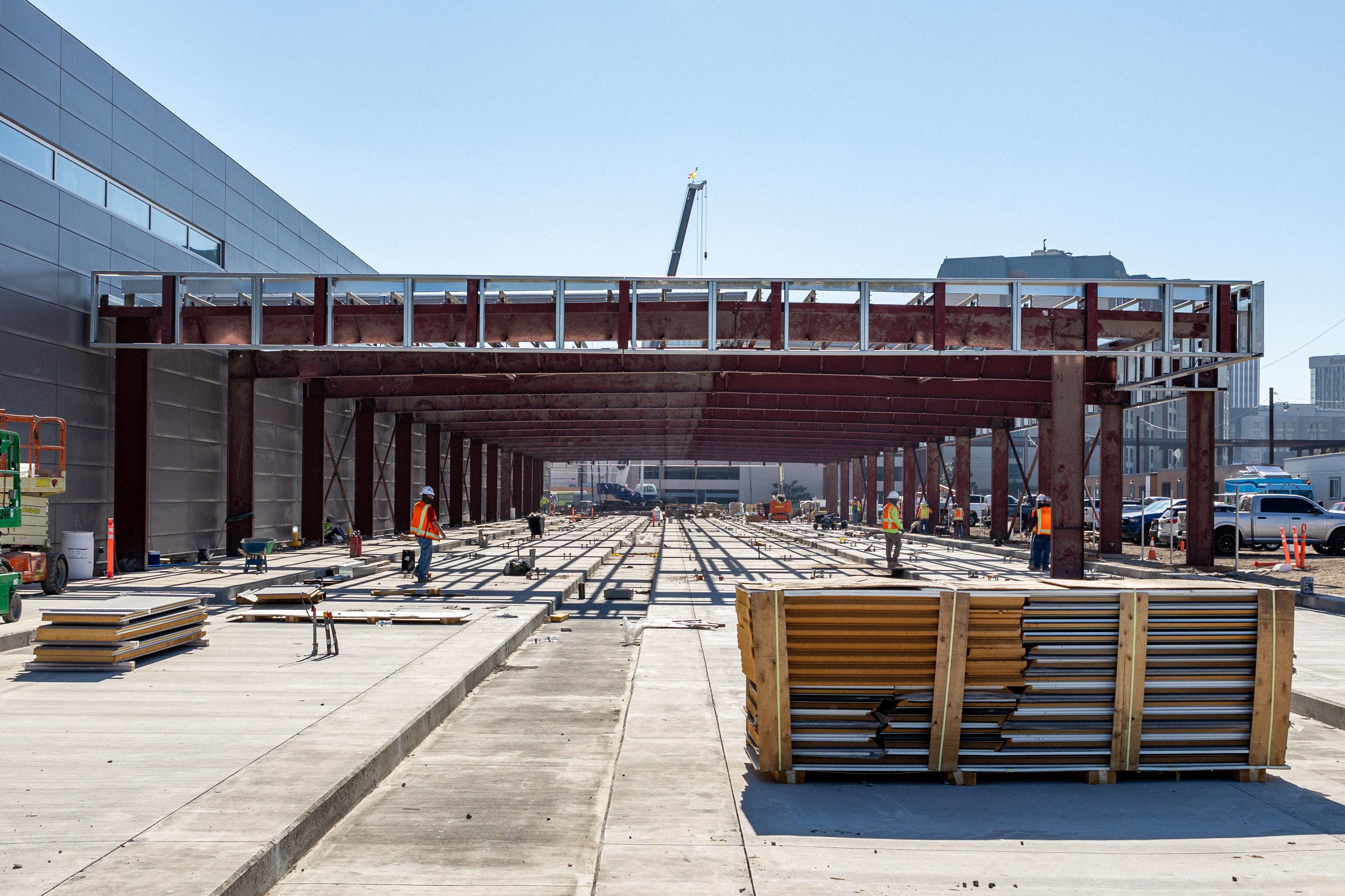 At the future Maintenance and Storage Facility, concrete pours for the system's only at-grade tracks are now complete, with the installation of guiding elements to follow.