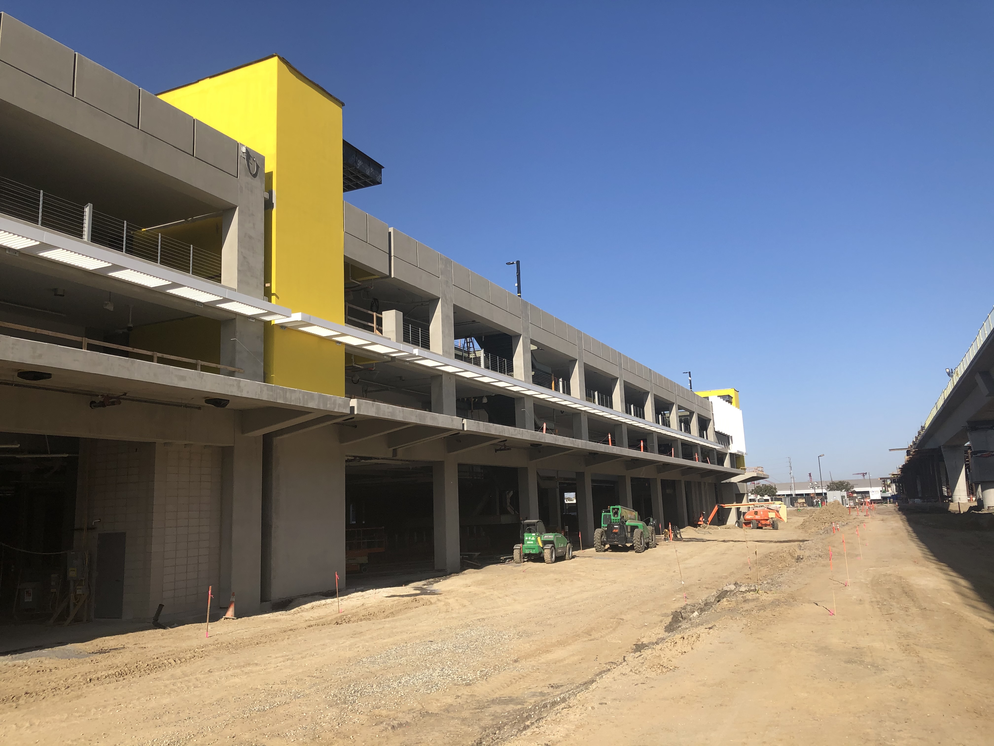 The south side of the Intermodal Transportation Facility-West where a pedestrian bridge will connect the structure to an Automated People Mover station. 