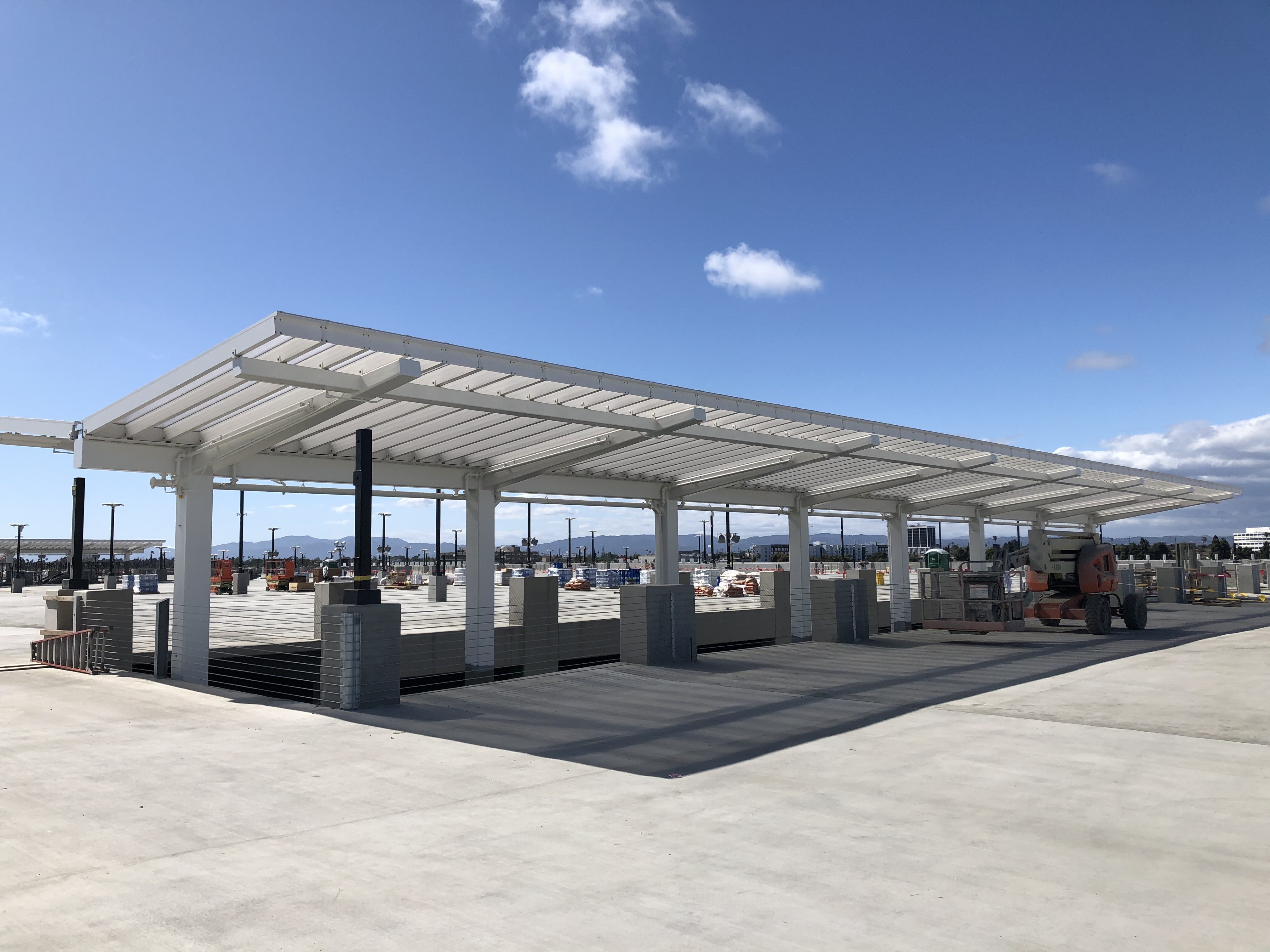 A rooftop view of the escalator canopy at the Intermodal Transportation Facility-West.
