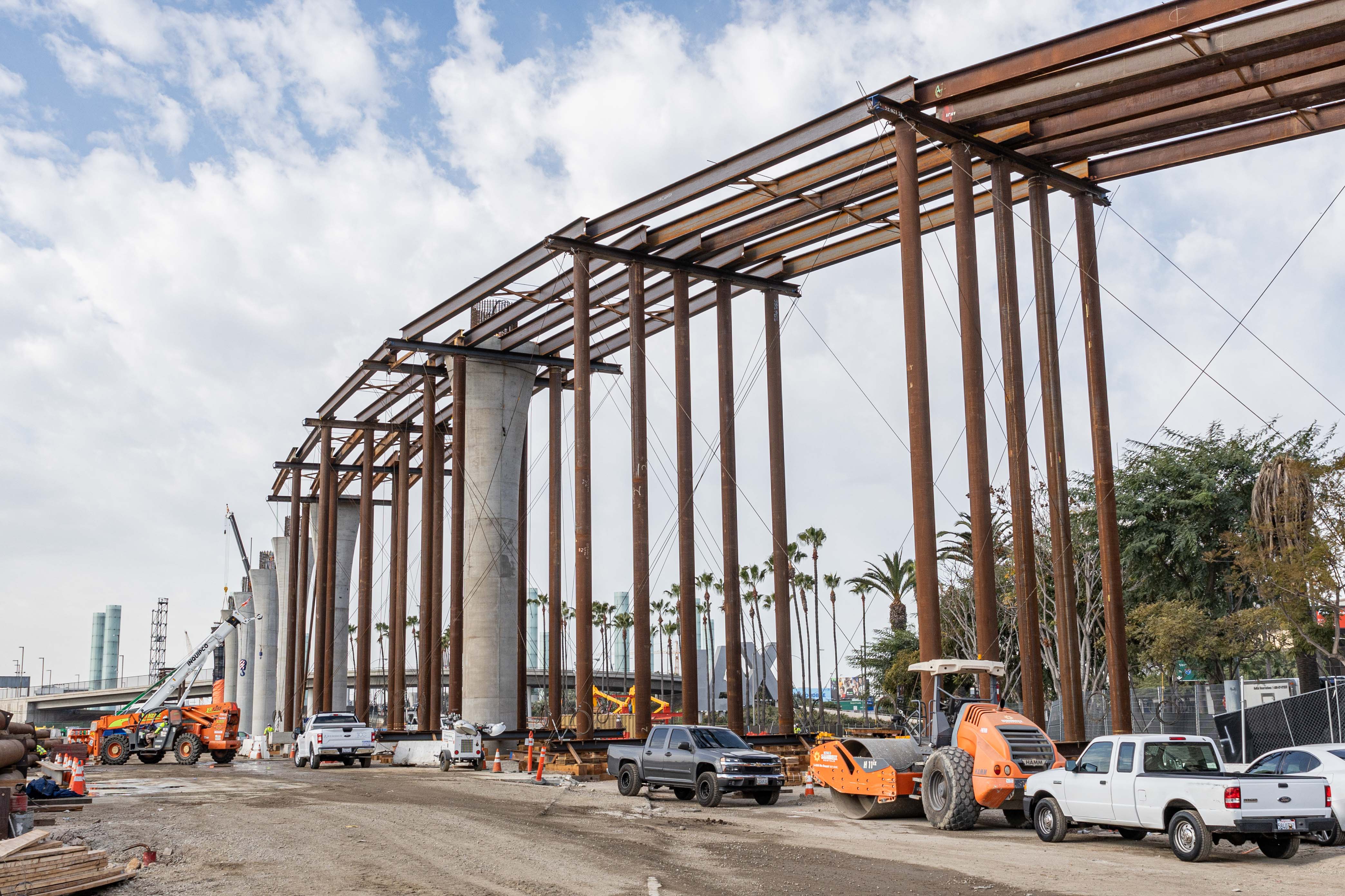 Columns are in place and falsework erection has begun where the APM guideway crosses the Century Boulevard roadway and turns toward Sepulveda Boulevard.