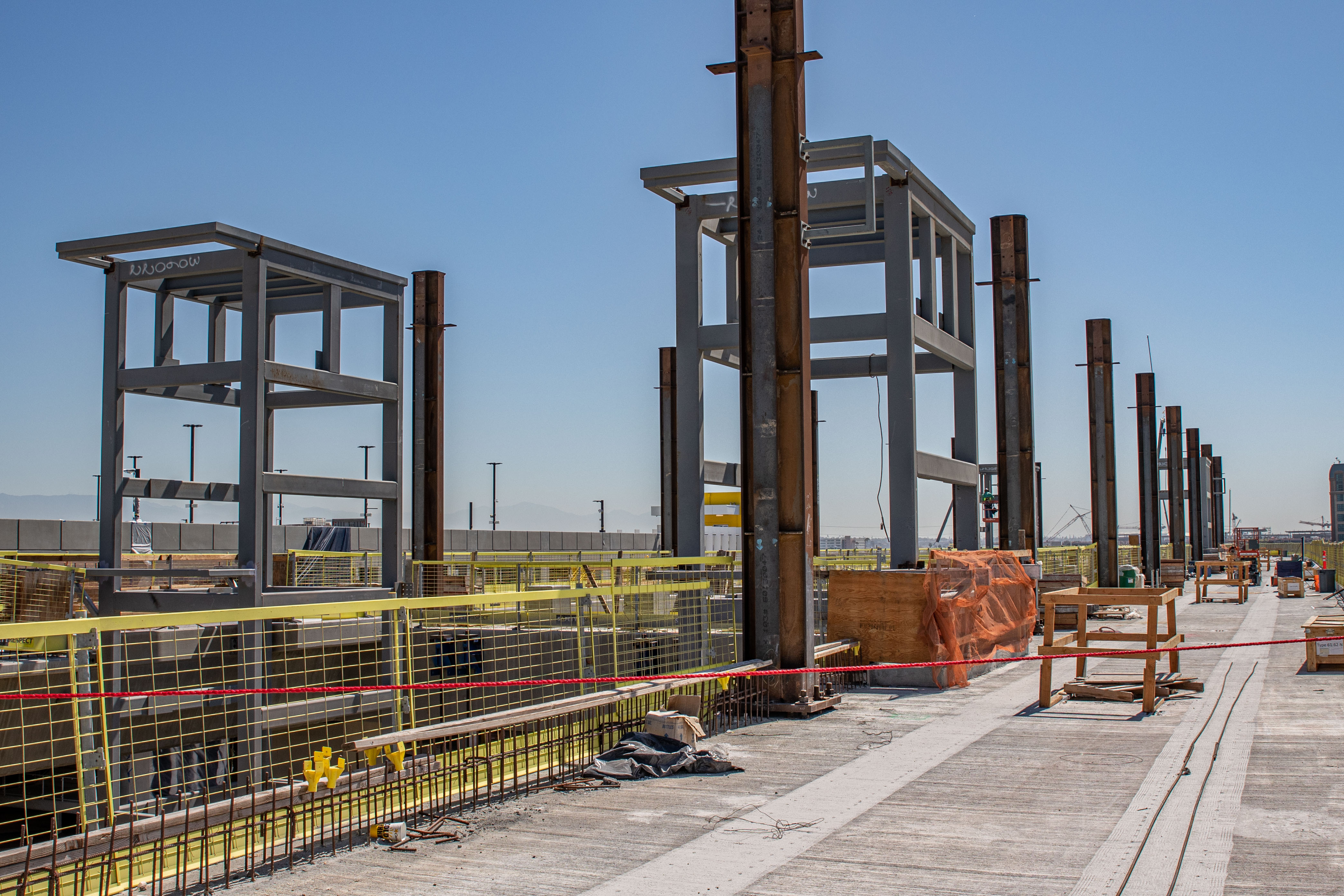 Structural steel advances at the Intermodal Transportation Facility-West. 