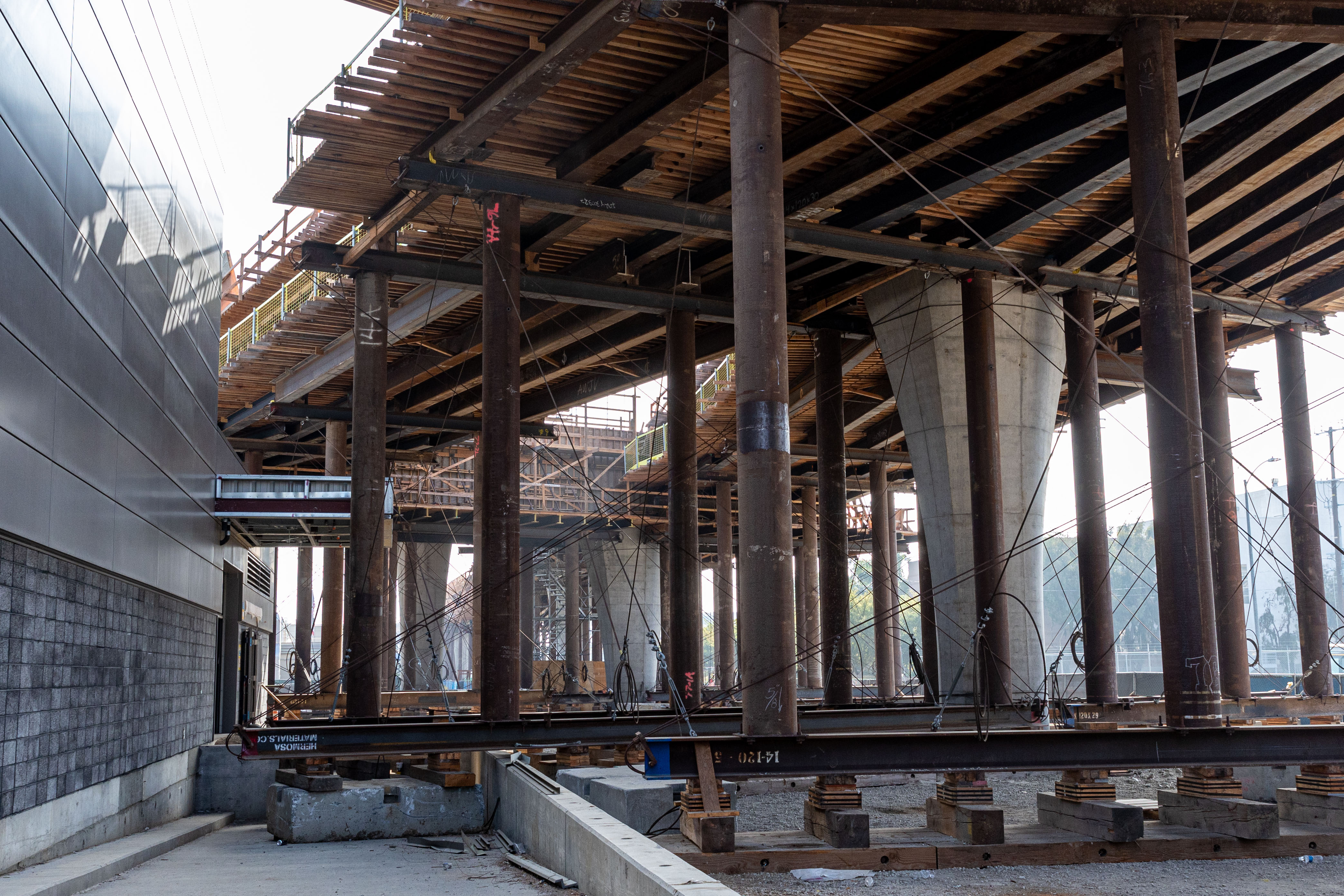 Falsework and formwork for the guideway ramp next to the Maintenance and Storage Facility secures the guideway under construction.