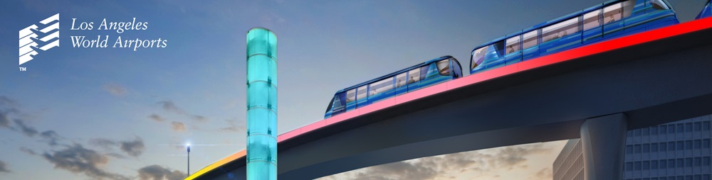 Concept art of people mover driving past a blue lit pillar.
