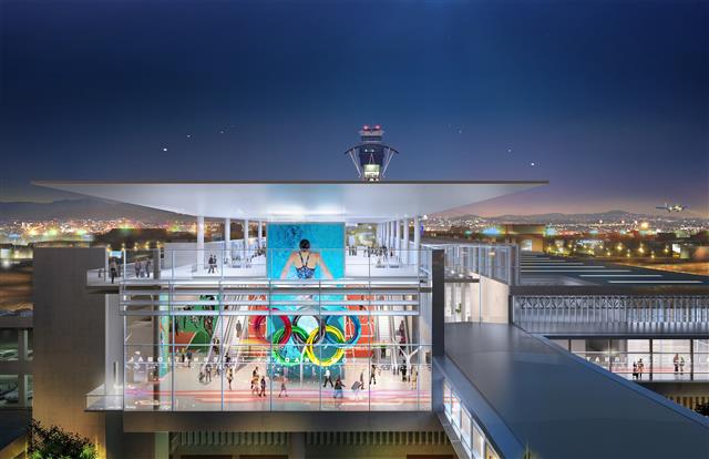Concept art of exterior of the ITF-West Station's Olympic Hall.