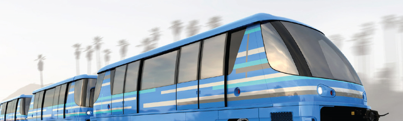 Concept art of people mover design, it's blue with teal, gray and white scattered stripes