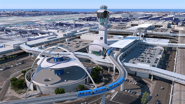 Concept art: bird's eye view of people mover in the cental terminal area.