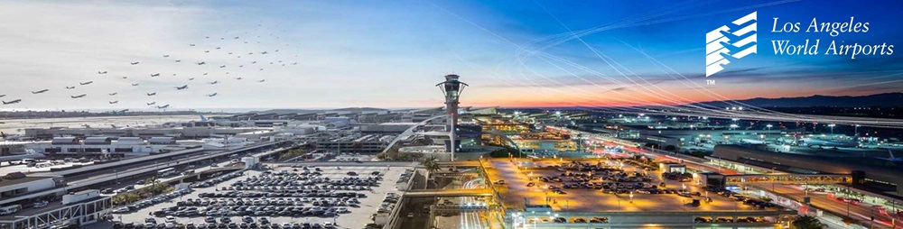 Photoshopped landscaped image of LAX, the right side is daytime and the left side is night.