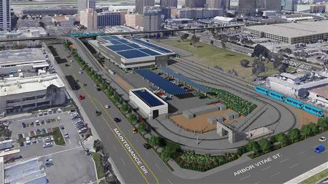 An aerial view rendering of the Maintenance and Storage Facility, which will be located between 96th Street and Arbor Vitae Street.