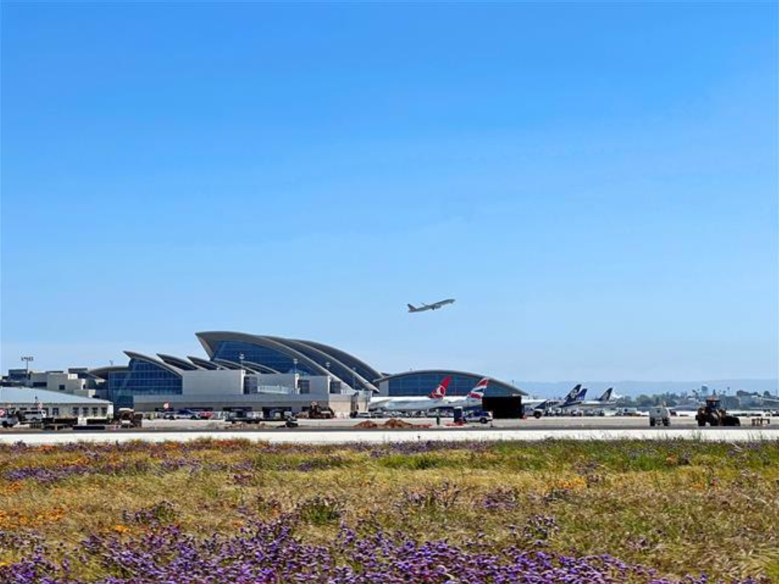 Outside LAX Mid Concourse with Airplane Flying Out