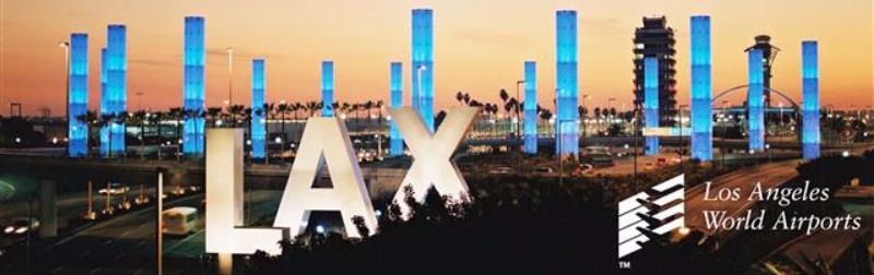 LAX Sign with Blue Pylons on Background